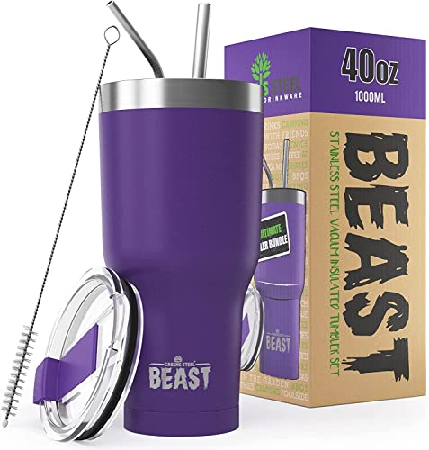 Beast Tumbler – 1050 ml (40 oz), Violet profond | Gobelet isotherme en acier inoxydable réutilisable | Avec 2 pailles et brosse de nettoyage | Double paroi, idéal pour café chaud ou glacé | Sans BPA