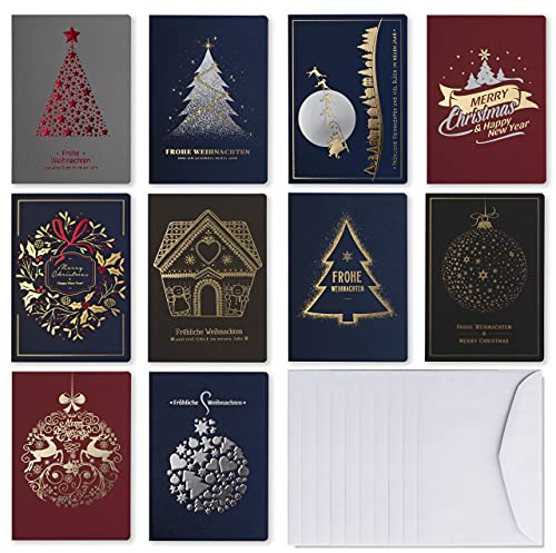 Art Nuvo – EXKLUSIVE WEIHNACHTSKARTEN – SATZ VON 10 KARTEN, 120x170mm, VERGOLDETE UND GEPRÄGTE WEIHNACHTSMOTIVE – HERGESTELLT AUS METALLISCHEM MIT EINLAGEN UND UMSCHLÄGEN, AW07, Weiß