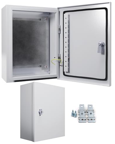 tsnetworks Verteilerkasten aufputz wasserdicht 40x30x18cm IP65 Stahlblech mit Lochblech Montageplatte & verchromter Schließung, lichtgrau, Industrie Leergehäuse