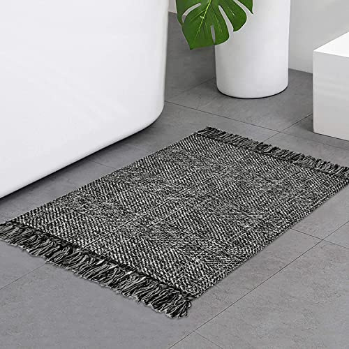 Collive Black Bathroom Rug, 2' x 3' Hand-Woven Washable Small Kitchen Rugs, 45% Cotton, 45% Polyester, 10% Viscose - Cotton Reversible Entryway Rug Modern Farmhouse Carpet for Foyer Bedroom Back Door