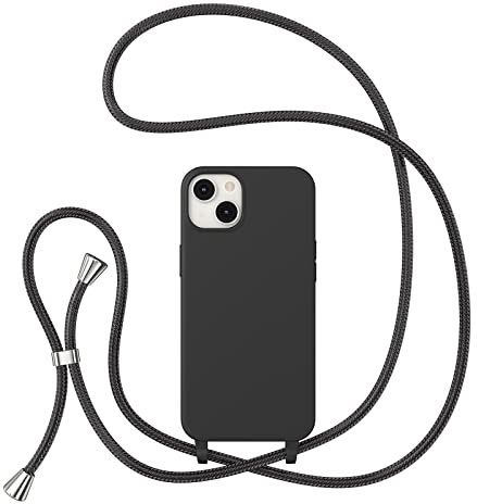 ZTOFERA Crossbody Lanyard Case for iPhone 13/14 (6.1), Liquid Silicone Protective Phone Case with Strap Adjustable Neck Cord Necklace Soft Cover, Black