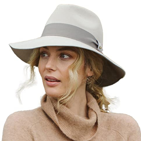House of Ord Cape Town Heather Winter Fedora Damen Filzhut Wollhut mit Krempe UV Schutz - in Größen M/57cm & L/59cm - Größe: L/XL: 59 cm Farbe: Grau