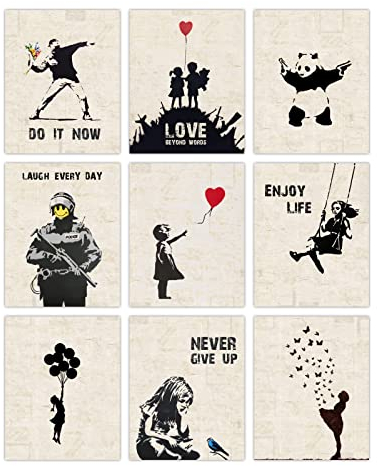 INFUNLY 9er Set Banksy Wand Kunstdruck Ungerahmt Graffiti Street Leinwand Wandkunst Inspirierende Zitate Panda Bild Abstrakt Street Pop Art Wandposter 8x10 für Schlafzimmer Wohnzimmer