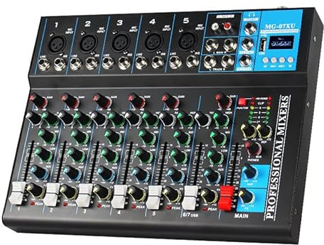 Iriisy Mini Mezclador de Audio Profesional con Canales USB Inalámbricos Reproducción 48V Alimentación Phantom para Registro en PC (7 Canales)