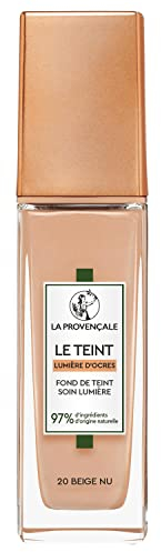 La Provençale - Le Fond de Teint Soin Lumière - 97% d'ingrédients d'origine naturelle - Couvrance Moyenne - Tous Types de Peaux - À l'Huile d'Olive Bio AOP Provence - Teinte : 20 Beige Nu - 30 ml