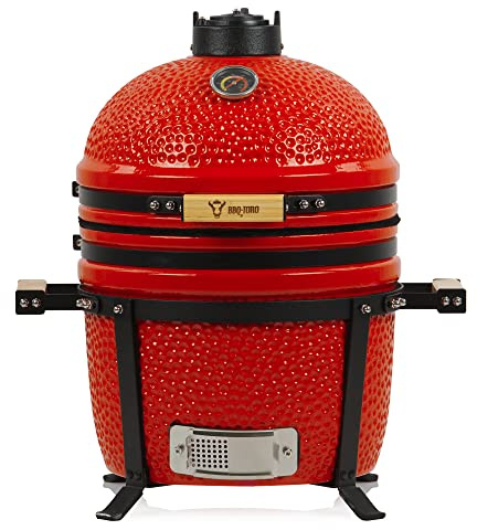BBQ-Toro Kamado Grill Holzkohlegrill Shiro Ø 39 cm | Rot | Mini Holzkohlegrill mit Thermometer & Holzgriffen | Keramikgrill rund | Ceramic Grill Ei, Smoker, BBQ Grillofen, Kamado BBQ