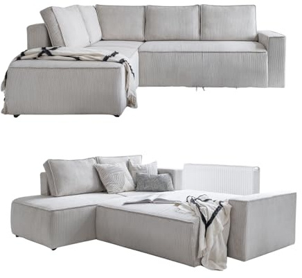 MIUFORM Brave Dave L mit Bettkasten | 6 Sitzer Ecksofa | L-Form Links | 247 x 194 x 87cm Couch | Klappsofa mit Schlaffunktion | Schlafsofa klappbar (Beige)