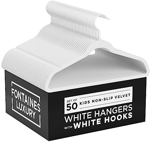 Fontaines Luxury Kid's White Velvet Felt Non Slip Clothes Hangers 50 Pack - Ultra Slim & Space Saving - Heavy Duty Swivel Black Hook for Children's Clothing, Shirt, Dress, Skirt & Pants Organization
