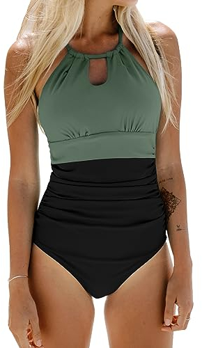 CUPSHE Damen Badeanzug High Neck Zierausschnitt Bauchweg Raffungen Strandmode Einteilige Bademode Swimsuit Schwarz/Grün XL