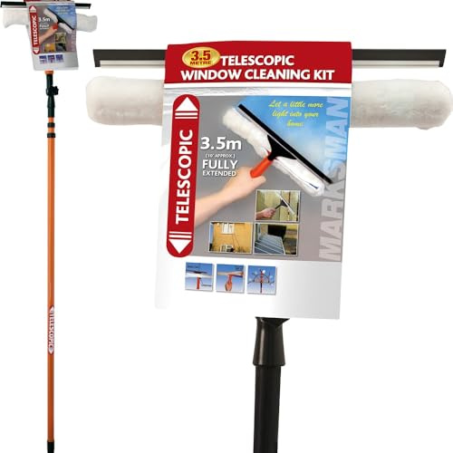 3.5 Metre Telescopic Extending Window Cleaner Kit - Window Glass Cleaning Equipment Squeegee Soft Removable Head | Fed Expandable & Extendable | Durable & Long Lasting Wash - 3.5m / 11 Foot