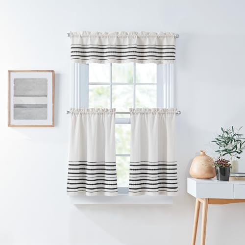 Curtainworks Lot de 3 Rideaux de Cuisine avec cantonnière filtrant la lumière, Rayures tissées mondiales, 71 x 91 cm, cantonnière de 142 x 35 cm (l x L), Rayures Blanches et Bleu Marine