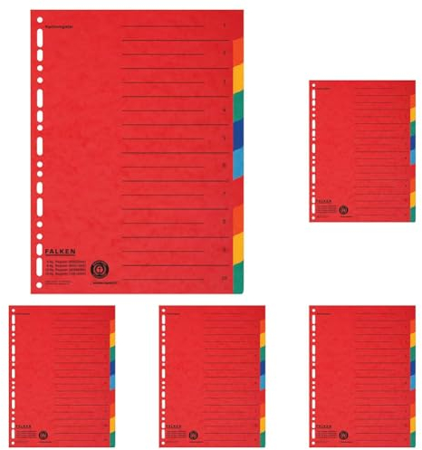 Original Falken Karton-Register überbreit für DIN A4+ 240 x 297 mm volle Höhe mit Organisationsdruck 10-teilig vollfarbig 2 x 5 Farben zur Ablage von Prospekthüllen (Packung mit 5)