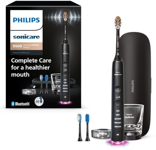Philips Sonicare DiamondClean Smart 9500 Electric Toothbrush - Sonic Toothbrush with App, Pressure Sensor, 15 Brushing Settings, Replacement Reminder, USB Charging Travel Case, Black, Model HX9923/11
