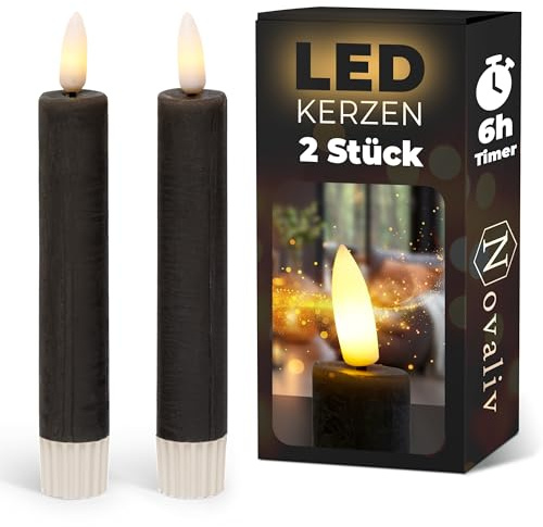 Stabkerzen LED mit Timer SCHWARZ 2er indoor mit Timer Funktion 6 Stunden ECHTWACHS 15cm Höhe für Kerzen 2,2cm Durchmesser 2 AAA Batterien notwendig LED Stabkerzen flackernde Flamme bewegliche Flamme