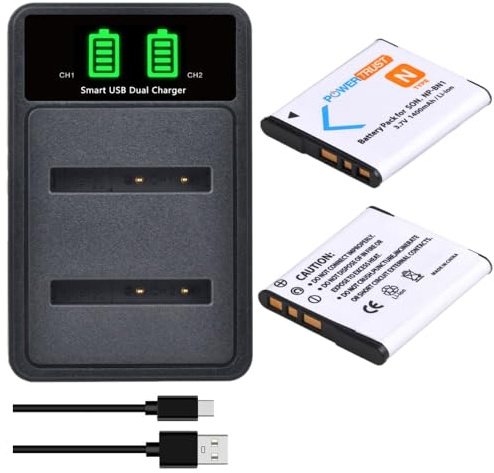PowerTrust 2 baterías NP-BN1 y cargador tipo C para Sony Cyber-Shot DSC-W830, DSC-W320, DSC-W810, DSC-W570, DSC-W800, DSC-WX220, DSC-WX100, DSC-W530, DSC-W310, DSC-W350, DSC-WXXX220. 100 unidades