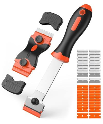 Wekuw 2 Stücke Ceranfeldschaber Glasschaber mit Langem Griff Ceranfeld Kratzer Herd Schaber Kunststoffschaber Vignettenschaber,mit 20 Edelstahl 20 Kunststoffklingen für Küche, Herd, Backofen (Orange)