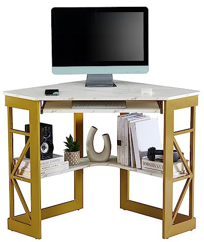VECELO Corner Desk Computer Desk Writing Table with Smooth Keyboard Tray & Storage Shelves,Compact Home Office Triangle Table,Gold & White