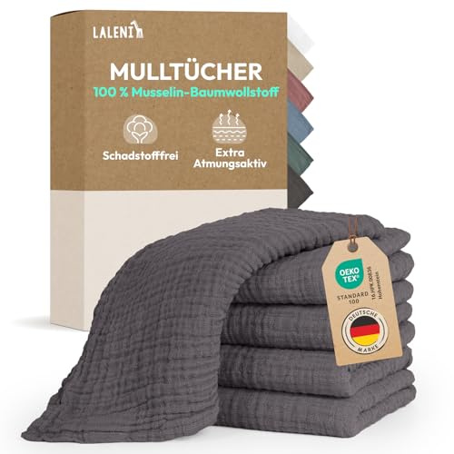 Laleni Spucktücher Baby im 5er Set aus Reiner Baumwolle - schadstofffreie Mulltücher weich 70x70 - saugstarke Mussellintücher Baby - Musselin Tuch als Mullwindel waschbare Mulltücher - Anthrazit