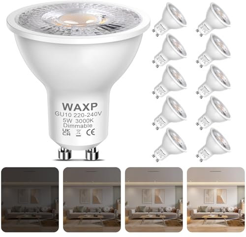 Dimmable GU10 LED Spot Light Bulbs Warm White 5W, 3000K, 365lm, No Flickering, Energy Saving Light Bulbs, Equivalent 40-50W GU10 Halogen Spotlight Bulbs, 10 Pack