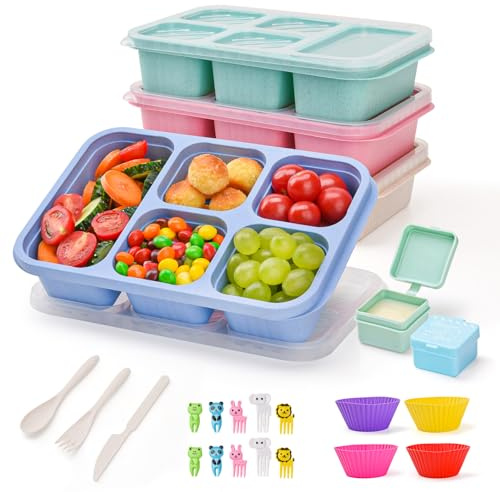 V·Colokishi 4 stycken Bento-snackslåda med fack, 5 fack lunchbar snacksbehållare, Bento lunchlåda för barn och vuxna, Meal Prep behållare för skola, arbete och resor