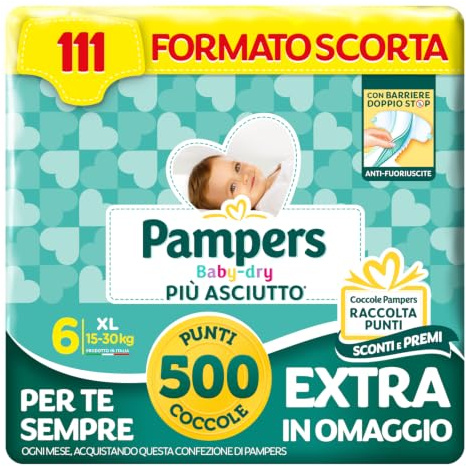 Pampers Baby Dry XL, Taglia 6 (15-30 kg), 111 Pannolini Bambino