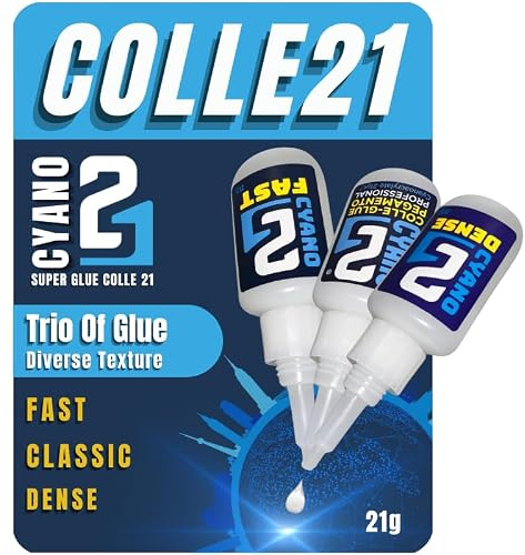TRIO Super Glue cyano Colle 21, 1 FAST, 1 CLASSIQUE, 1 DENSE, 3 Colles Cyano professionnel. Colle pour modélisme, et bricolage