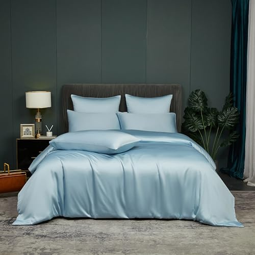 Ropa de cama de bambú de 200 x 220 cm, color azul y azul claro liso, ropa de cama de verano, juego de fundas nórdicas de fibra de bambú, transpirable y fresca, funda nórdica suave para cama doble con