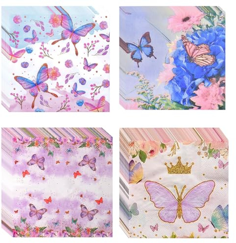 Papierservietten mit rosa Blumen, Schmetterlingsservietten, Servietten Blumen Frühling,Premium Servietten Lila Sommer – Hervorragend geeignet für Geburtstag, Ostern und Frühling 80-Blätter