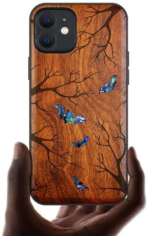 Carveit Coque Magnétique pour iPhone 12 Étui de TPU, Gravure en Bois et Incrustation de Coquille Cover Compatible Magsafe avec 12 Coque (Rosé-Ombres de la Nuit)