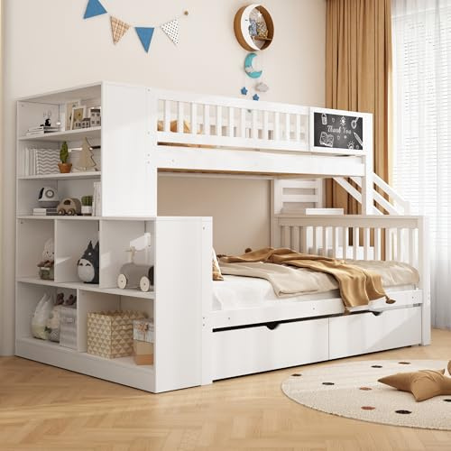 Azkoeesy Etagenbett weiß 140x200 & 90x200 cm - Kinderbett mit Standregal, Stauraum-Treppe und 2 Schubladen - inkl. Fallschutz und Lattenrost - vielseitiges Hochbett für Kinder/Jugendliche/Erwachsene‌