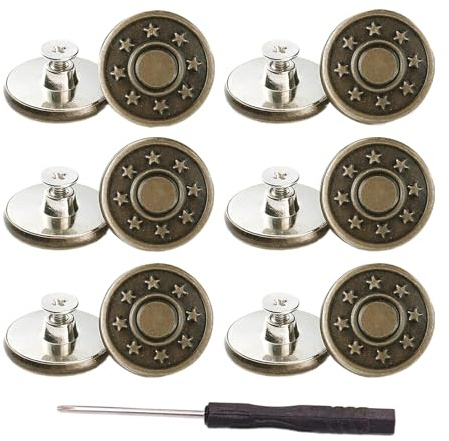12 Sets Adjustable Buttons for Jeans, 17mm No Sew Instant Metal Buttons, Removable Jean Buttons Replacement Repair Kit with Threads Rivets and Screwdriver