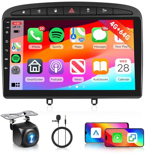 4G+64G Autoradio für Peugeot 308 308SW 408 2007-2015 mit Wireless Carplay Android Auto, Hodozzy 9 Zoll Touchscreen Autoradio 2 Din Android mit Navi GPS Bluetooth WiFi 32DSP FM/RDS Radio Rückfahrkamera