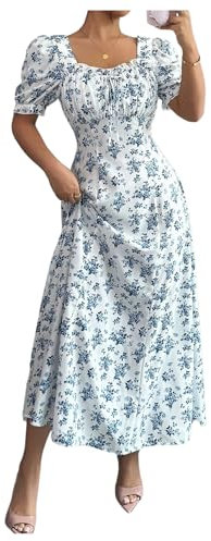 GORGLITTER Women's Elegant Square Neck Flared Flowy Dress Puff Short Sleeve Ruched Tie Front A Line Maxi Boho Dresses Blue Medium