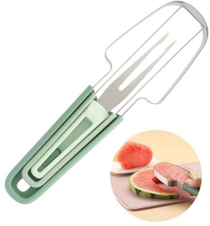 3 in 1 Forchetta per Anguria, Taglia Anguria 3 in 1 in Acciaio Inossidabile, Forchette da frutta per campeggio - Include Coltello, Forchetta e Cucchiaio, per Campeggio e Cucina Casalinga, Verde