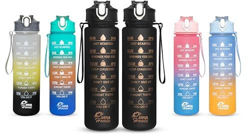 AQUA HOMIE Pack of 2 Water Bottle with Straw 750ml – Leakproof BPA Free Sports Water Bottle for Gym, School & Travel – Motivational Drinking Bottle with Time Markings for Kids & Adults (Black, 750ml)