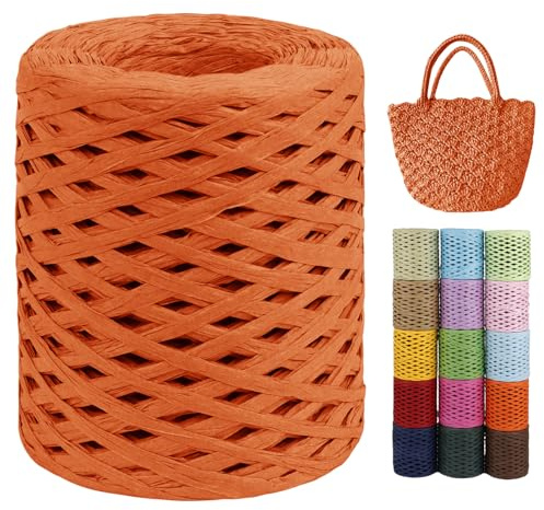 LEREATI Raffia Garn zum Häkeln von Taschen, 3mm x 200m Flach Papierdraht Bast Band Natur Paketschnur Papiergarn Raffia Bast zum Häkeln Handtasche, Körbe, Hüte, Geschenkverpackung (Orange)