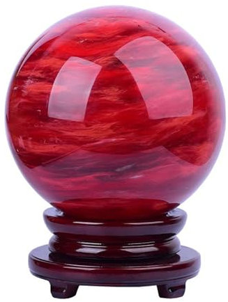 HHCTEBEC Bola De Cristal Rojo con Soporte De Madera, Esfera De Rubí De Cristal Rojo Natural, Piedra Preciosa De Cuarzo Fundido para MeditacióN, SanacióN, Feng Shui, DecoracióN del Hogar,9cm/3.5in