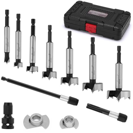 MIXPOWER 12 PCS Forstner Bit Set, 10-40 mm, Wood Boring Bits, with Adapter & Extension Bar & Storage Box