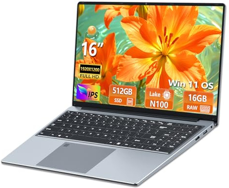 Notebook 16 Pollici, Win 11 PC Portatile 16GB RAM 512GB SSD, Celeron N100 CPU, Laptop 1080P Schermo, Tastiera Retroilluminata+Sblocco Impronta Digitale, 6000mAh Battery, BT5.0/BT 5.0/Webcam/Mini-HDMI