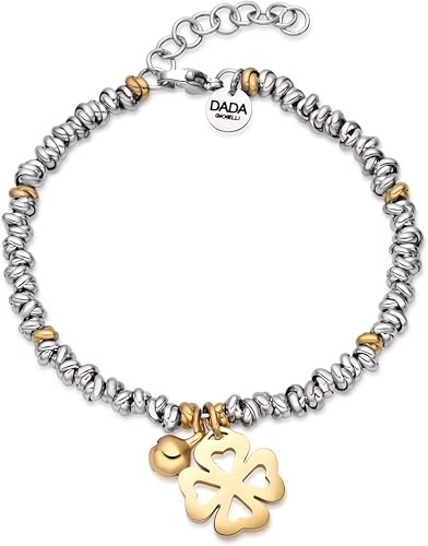 Dada Gioielli Bracciale Donna Anelli Intrecciati Nodino Acciaio Inox | Quadrifoglio Angelo Custode Cuore Amore Albero della Vita, Con Campanella, 17+3 cm