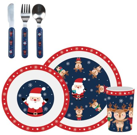 YöL 6 Piece Kids Dinner & Cutlery Set - Christmas Dinner Breakfast Lunch Food Santa Reindeer Snowflake Themed Baby Children Toddler - Includes Knife Fork Spoon Plate Bowl Cup