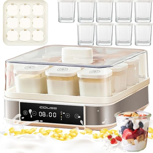QAZXDRFG Automatic Yogurt Maker With 9pcs 170ml Glass Jars, Adjustable Temperature & Time Control Maker, 40w Stainless Steel Fermentation Machine For Yoghurt, Greek Bread, Natto, Rice Wine