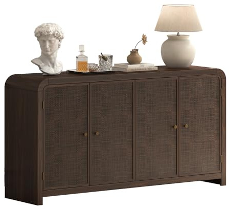 Oak&Sparrow Oak Sideboard Buffet Cabinet with Storage, 60'' Boho Buffets & Sideboards with Adjustable Shelves, Rattan Sideboard Cabinet with 4 Doors for Living Room, Hallway & Kitchen