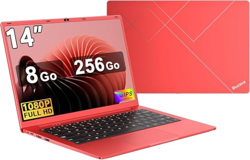 Ordinateur Portable 14 Pouces Celeron N5095 Win11 Pro 8Go RAM 256Go SSD Extension1To 5G WiFi 1920x1080 FHD PC Portable avec Souris sans Fil qwerty Clavier avec AZERTY Membrane du Clavie - Rouge Métal