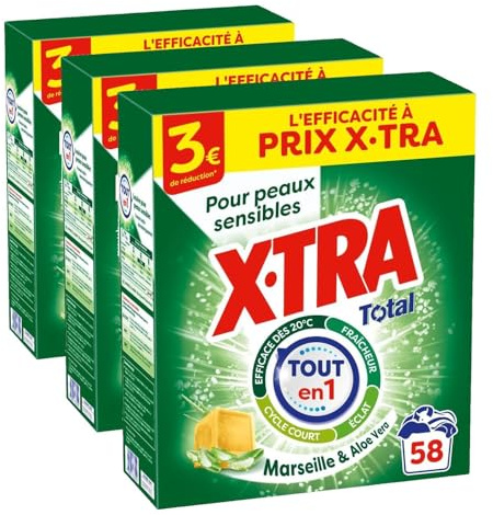 X-Tra Total - Lessive Poudre- 4+1- Propreté - Eclat - Fraîcheur - Engagé pour vous - Economique - Une seule lessive pour tout votre linge - Parfum Marseille & Aloe Vera - Efficace des 20°C -58 mesures