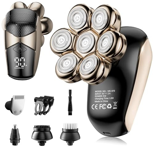Veaprizper Electric Head Shaver for Men: IPX7 Waterproof Electric Razor for Bald Men - 7D Rotating Shaver with LED Display - 5-in-1 USB C Rechargeable Shaving Grooming Set