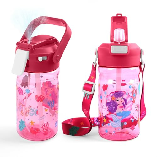Foyucool 600ml Vattenflaska för Barn, Dryckesflaska med Anti-Leak Neblerör, Säkert Lås, Avtagbar Bandrem för Att Ta Med, Perfekt för Skola, Friluftsliv, Sjöjungfru, Rosa