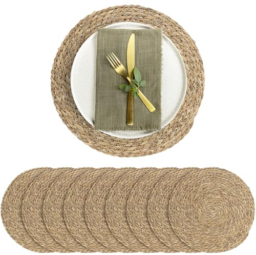 10 Pack Large Round Woven Placemats Bulk, 33cm Water Hyacinth Table Mats, Natural Wicker Rattan Heat Resistant Place Mats for Dining Wedding Party Home Kitchen Decor