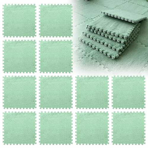 LUPATDY 12 Stück Ineinandergreifende Plüsch Schaumstoffmatte, 30x30cm Schaumstoff Puzzle Matten, Flauschige Wohnzimmer Schlafzimmer Teppichfliesen, Bodenfliesen Für Spielz, Mintgrün