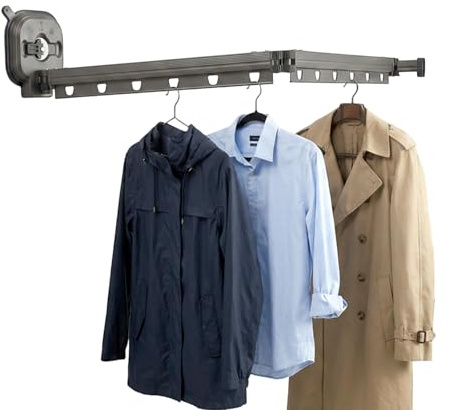 Wall Mounted Foldable Clothes Airer Indoor, No Drill Suction Cup Clothes Drying Rack, Space-Saving Retractable Clothes Rail with Extension Pole and Towel Rack for Laundry Balcony Bathroom Organizer
